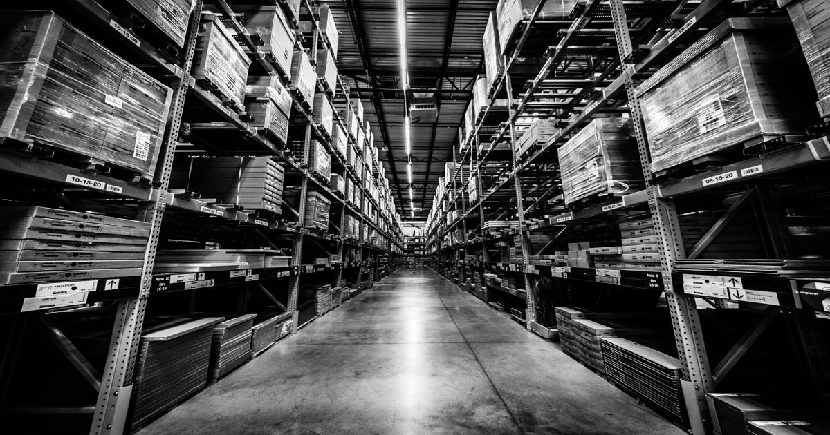 Shelves of goods in a warehouse